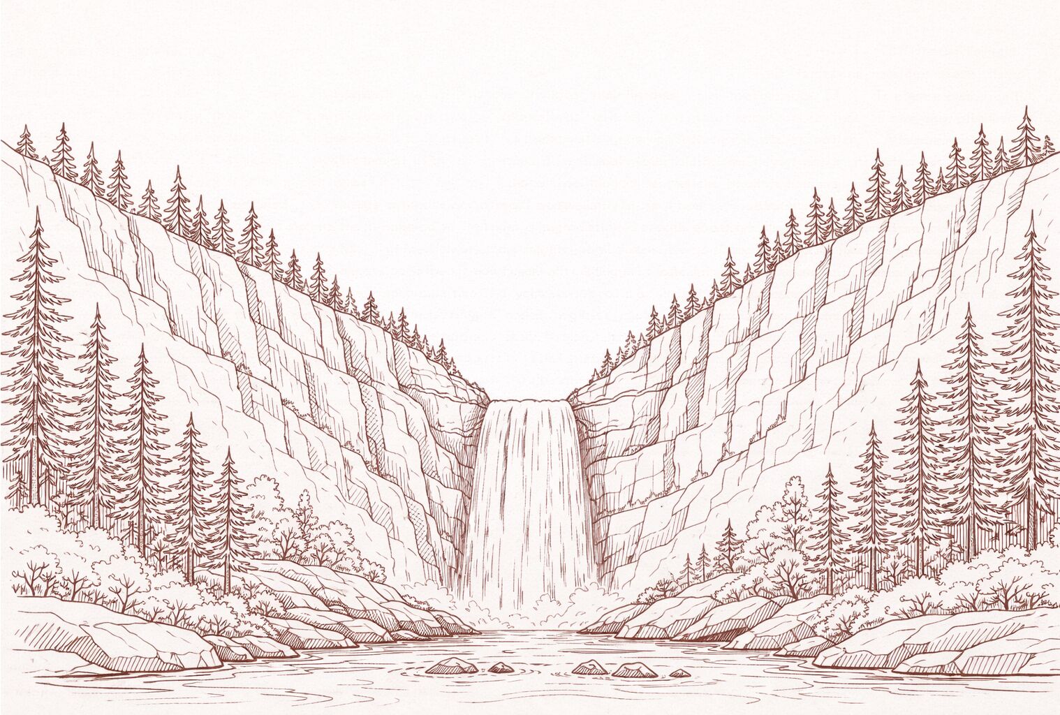 Artistic sketch of waterfall scene.