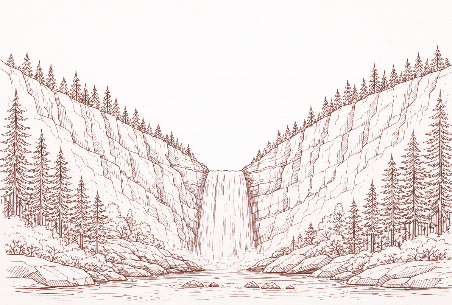 Artistic sketch of waterfall scene.