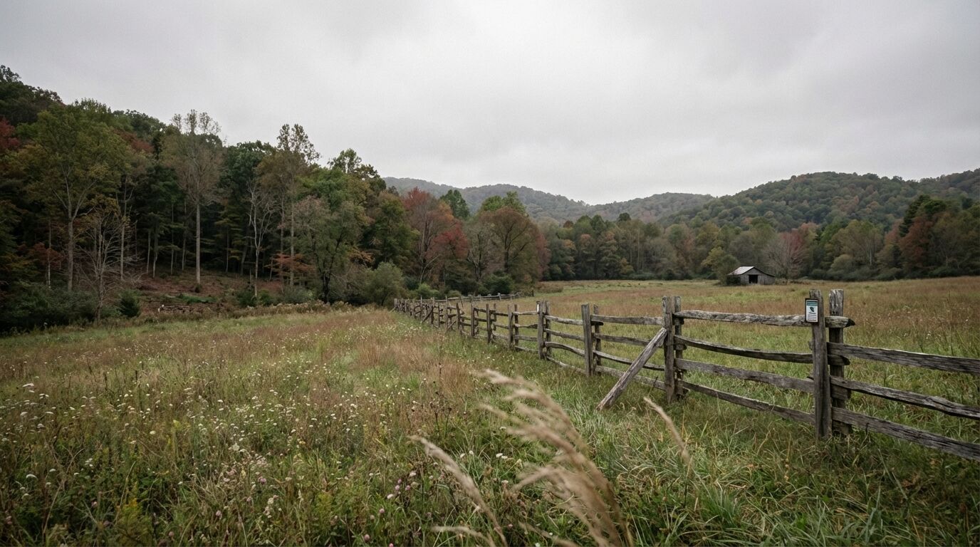 Managed forest edge meeting meadow with split-rail fence and conservation markers, September