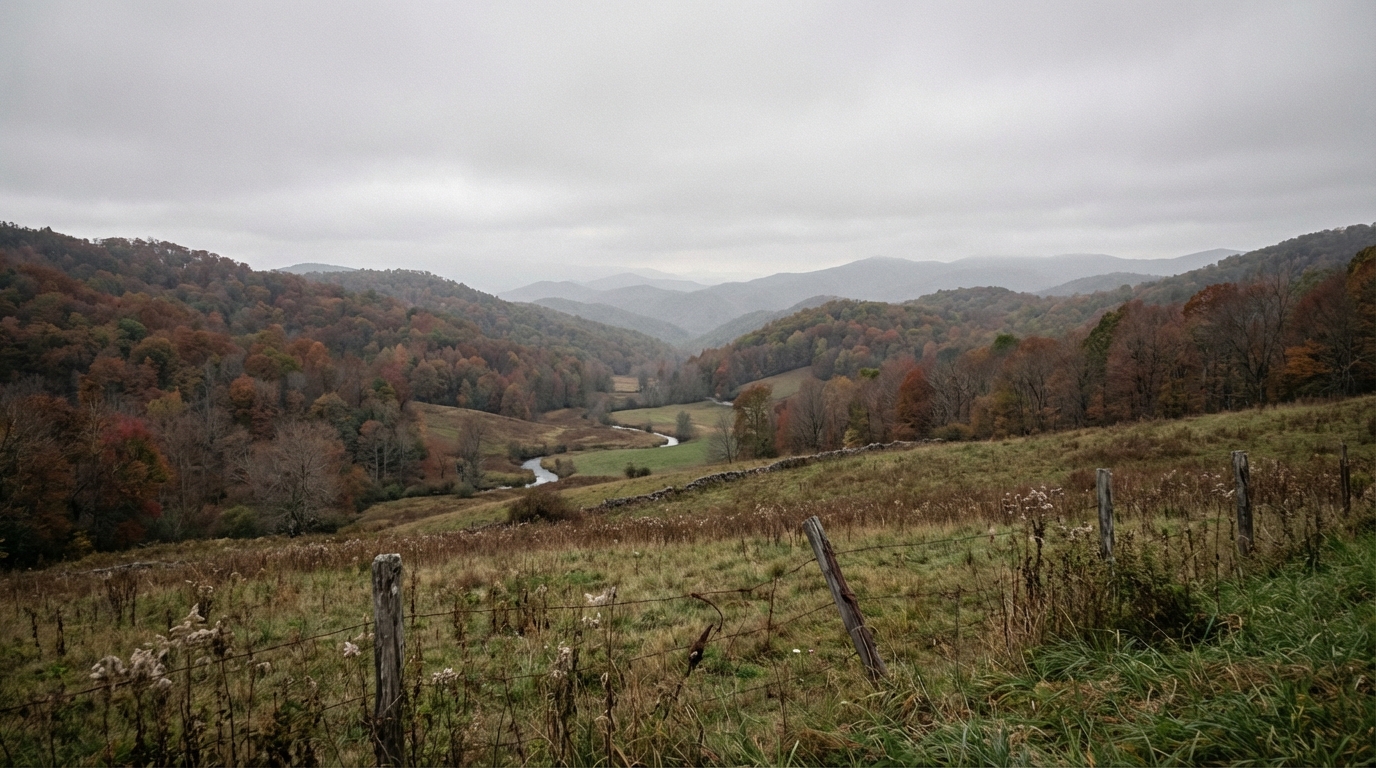 Protected Appalachian valley with rolling forested hills and meandering stream, late October