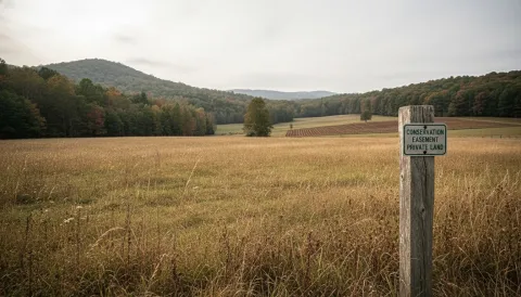 Conservation easement boundary marker at edge of field and forest