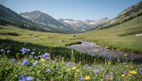 Rocky Mountain alpine meadow with wildflowers and mountain stream below distant peaks