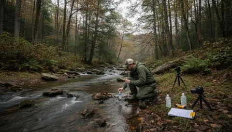 Field researcher collecting water samples at forest stream with scientific equipment