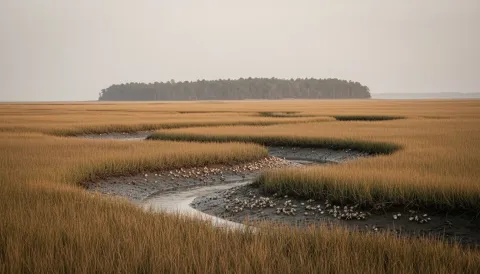 South Atlantic salt marsh with cordgrass and winding tidal creek at golden hour
