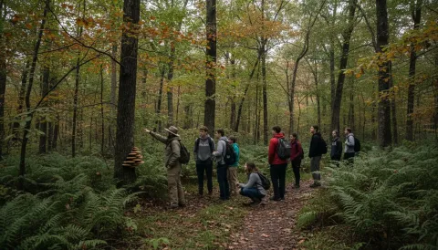 Students on nature education field trip walking forest trail with naturalist guide