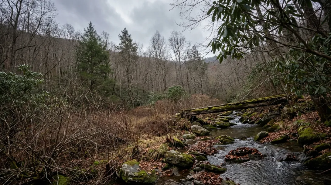 Southern Appalachian mountain cove with rhododendron thicket and rocky stream, early November