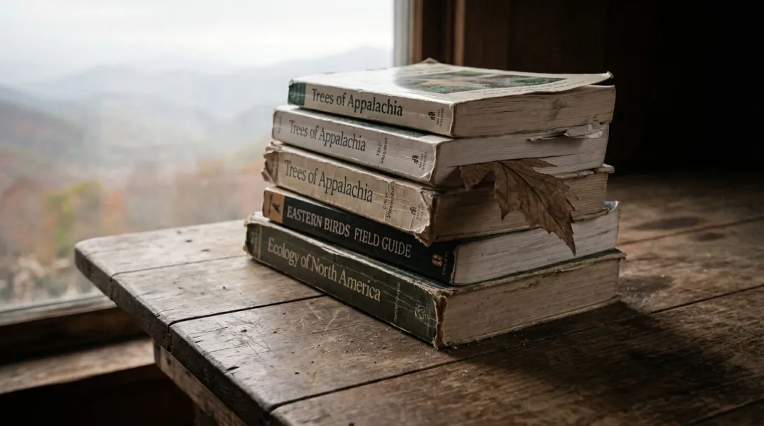 Stack of well-worn field guides and conservation books on rustic wooden table, overcast window light