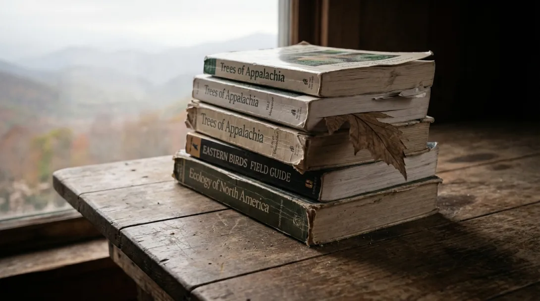 Stack of well-worn field guides and conservation books on rustic wooden table, overcast window light