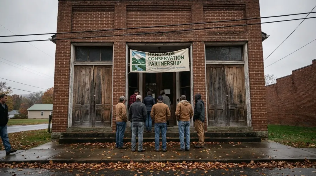 Community meeting at rural town hall entrance, overcast October afternoon