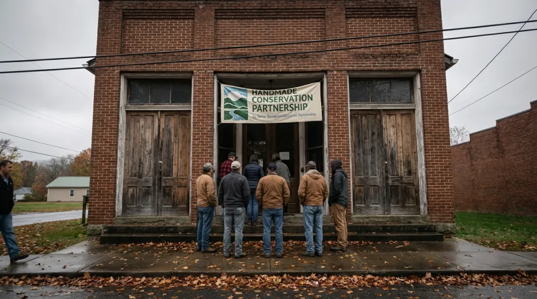 Community meeting at rural town hall entrance, overcast October afternoon