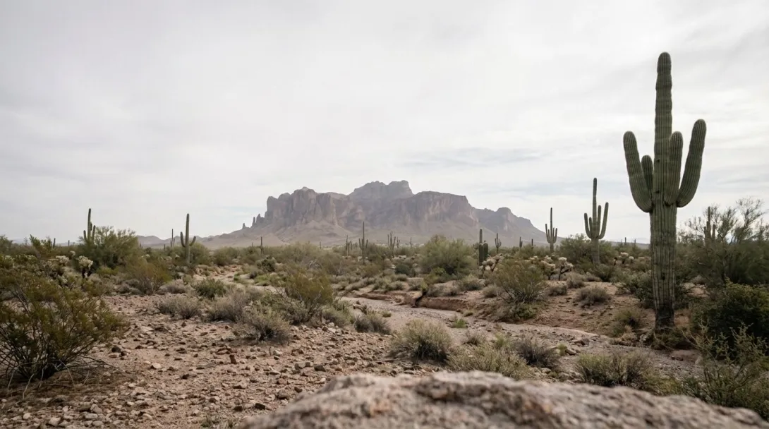 Desert Southwest landscape with scattered saguaro cactus and distant mesa formation, late October