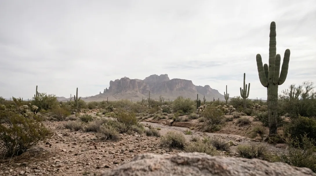 Desert Southwest landscape with scattered saguaro cactus and distant mesa formation, late October