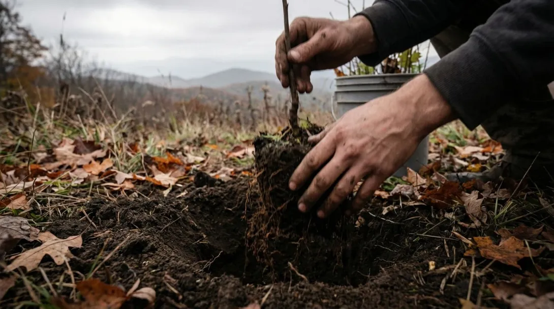 Hands planting native tree seedling in forest clearing with dark soil, overcast October morning