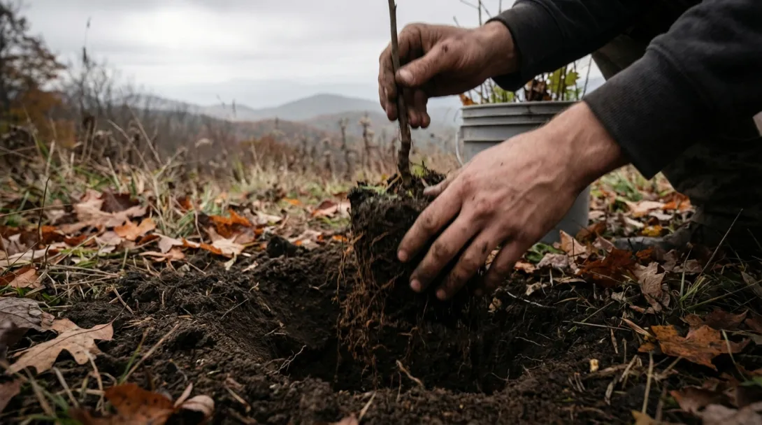 Hands planting native tree seedling in forest clearing with dark soil, overcast October morning