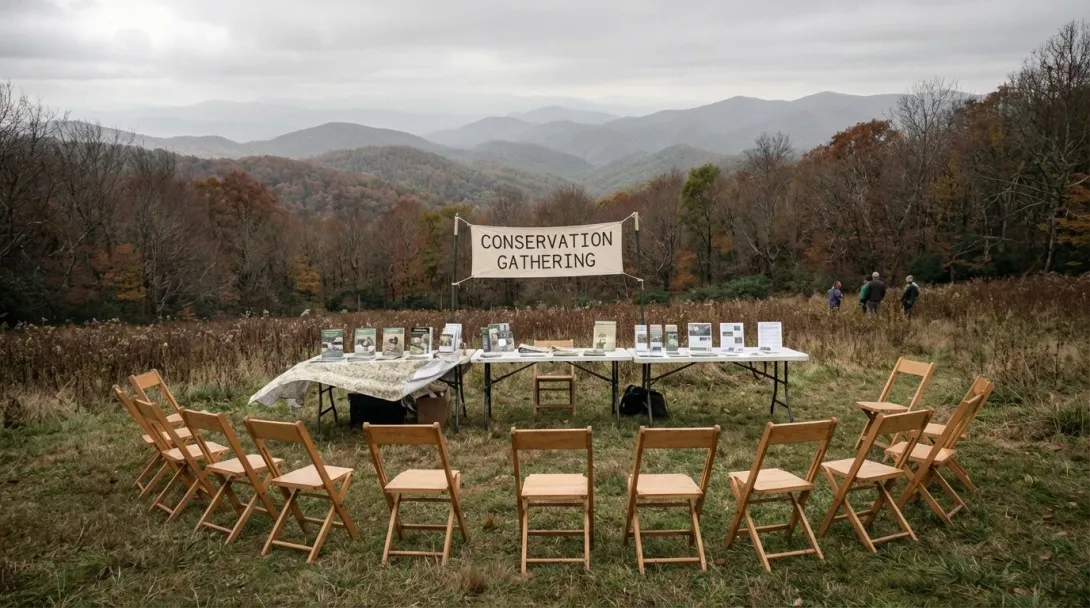 Outdoor conservation event setup in meadow clearing with tables and folding chairs, overcast September afternoon