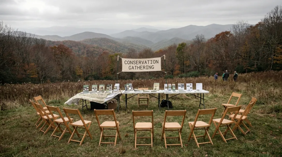 Outdoor conservation event setup in meadow clearing with tables and folding chairs, overcast September afternoon