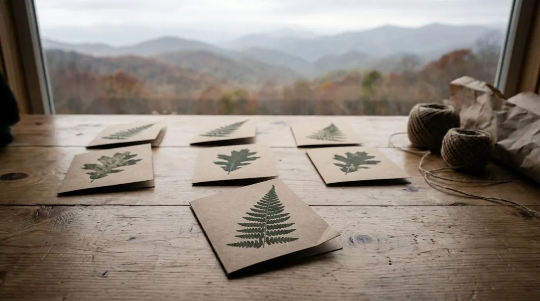 Kraft paper gift cards with pressed botanical prints on wooden counter, overcast indoor light