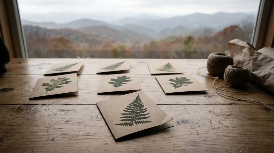 Kraft paper gift cards with pressed botanical prints on wooden counter, overcast indoor light
