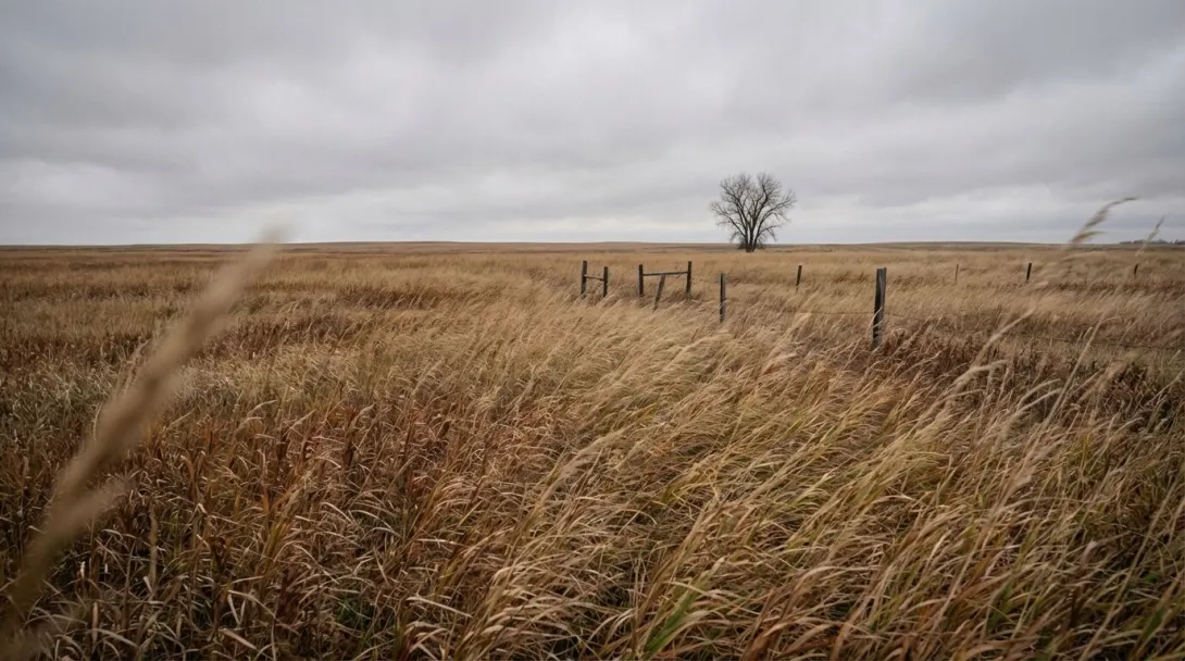 Tallgrass prairie stretching to flat horizon with dried grasses and scattered fence posts, early November
