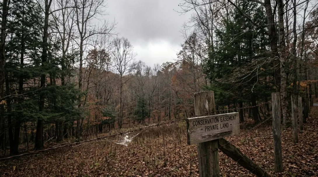 Protected land boundary with weathered fence posts through mixed forest, early November