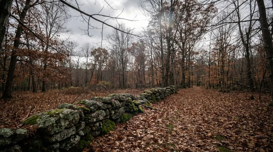 New England mixed hardwood forest with stone wall through bare November trees