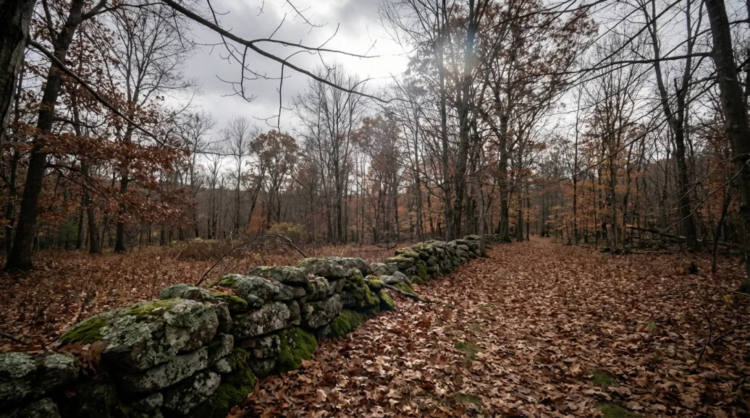 New England mixed hardwood forest with stone wall through bare November trees