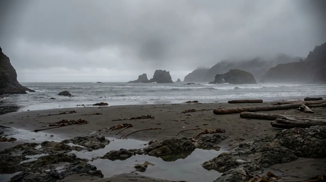 Pacific Northwest coastline with sea stacks and rocky shore, overcast January afternoon