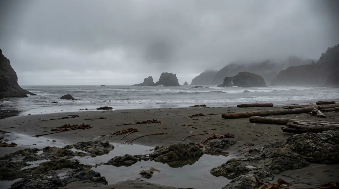 Pacific Northwest coastline with sea stacks and rocky shore, overcast January afternoon