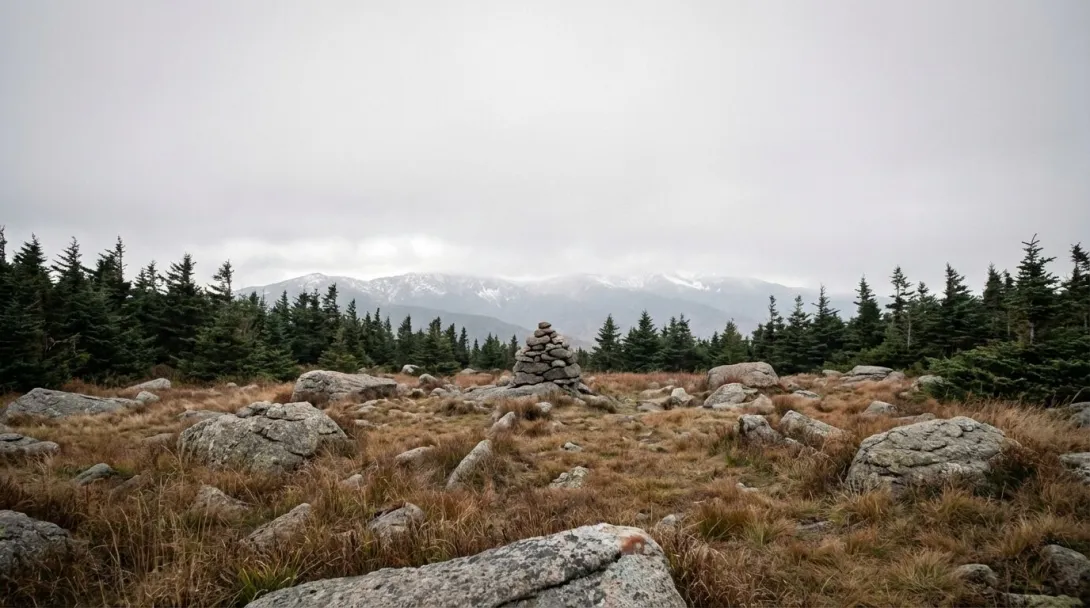 High elevation rocky mountain meadow with subalpine fir and distant snow-dusted peaks, early October
