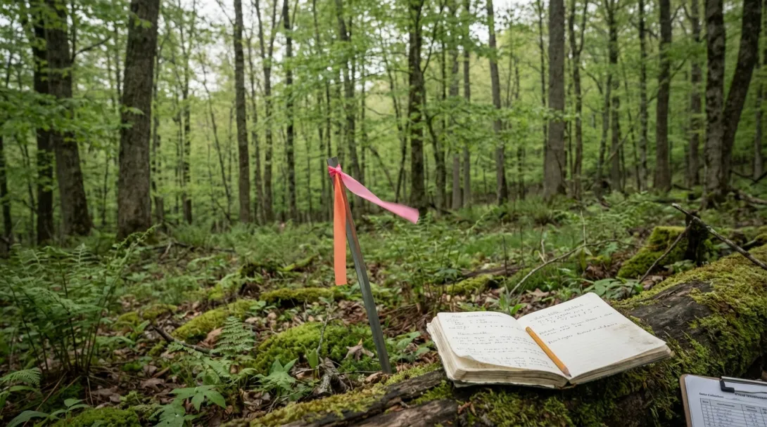 Forest monitoring plot with marker stake and field notebook in Appalachian woodland, May