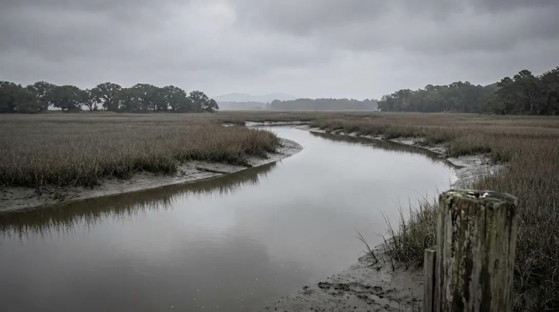 South Atlantic salt marsh with cordgrass and tidal creek, overcast October morning