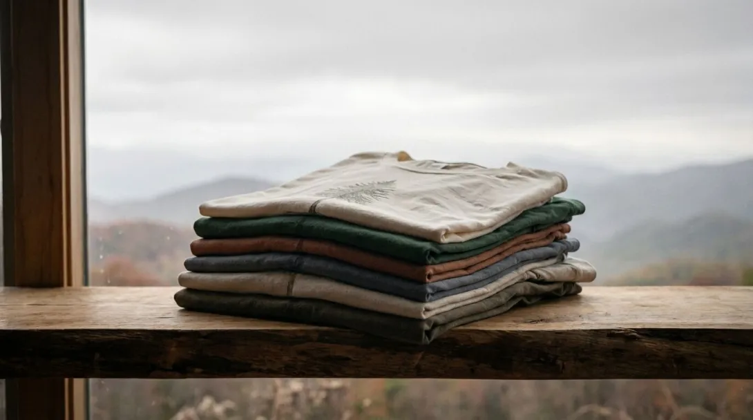 Folded cotton t-shirts in muted earth tones on wooden shelf, overcast daylight