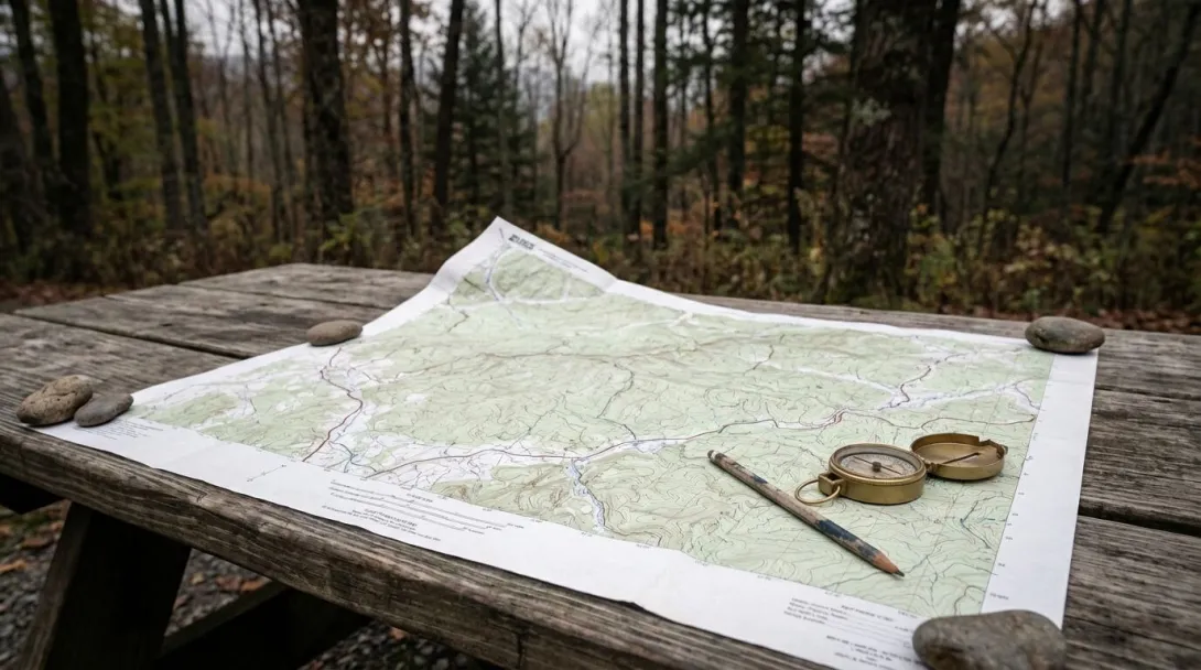 Unfolded topographic map on weathered picnic table with compass and pencil, overcast afternoon