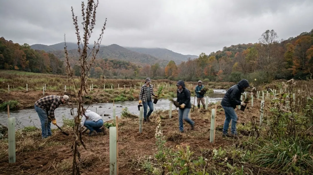 Volunteers planting native seedlings along stream bank in Appalachian foothills, overcast September morning
