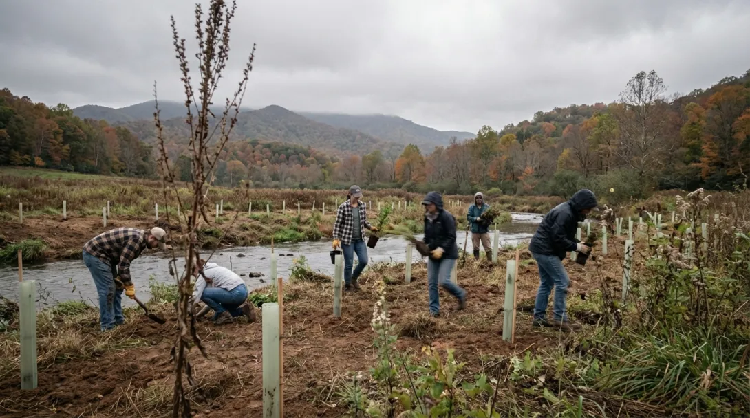 Volunteers planting native seedlings along stream bank in Appalachian foothills, overcast September morning