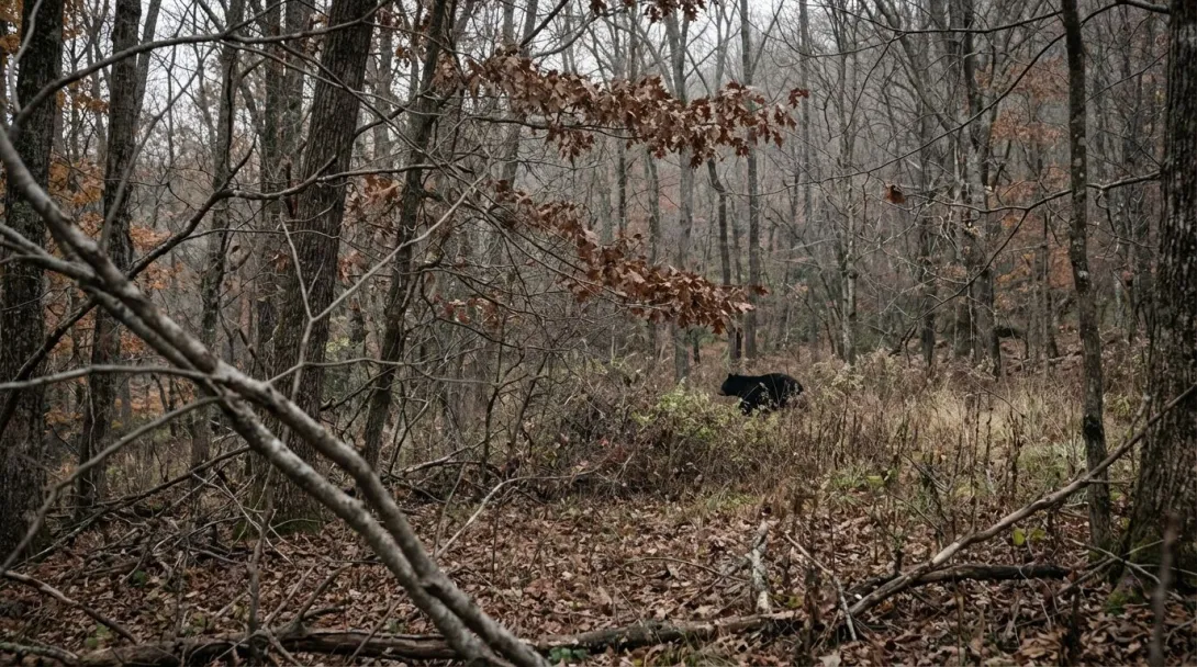 Black bear at distance crossing a forest clearing in the southern Blue Ridge, overcast November morning