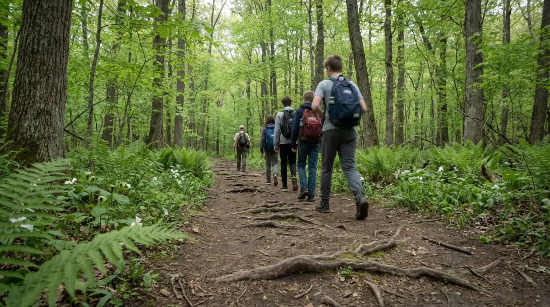 Teenagers with backpacks walking forest trail with naturalist guide, late May
